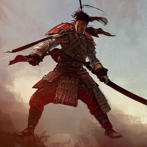 Image similar to A samurai with his sword in a defensive stance, D&D, fantasy, intricate, cinematic lighting, highly detailed, digital painting, artstation, concept art, smooth, sharp focus, illustration, art by Akihiko Yoshida, Greg Rutkowski and Alphonse Mucha