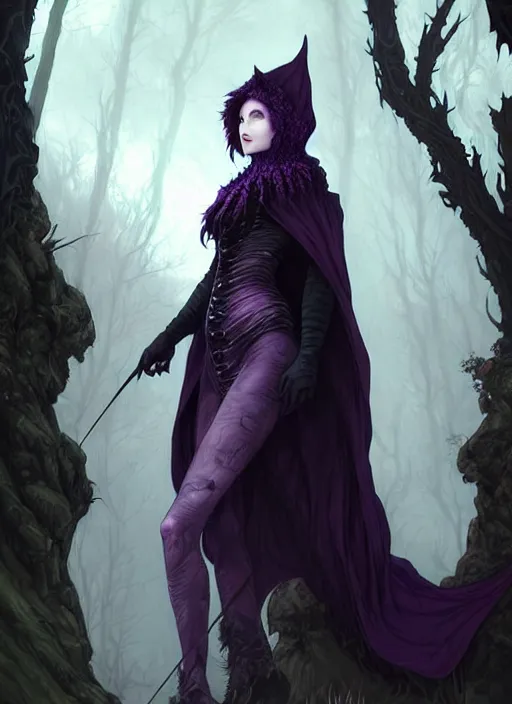 Image similar to portrait dark witch, adventurer outfit large cloak, fantasy forest landscape, dragon scales, fantasy magic, undercut hairstyle, short purple black fade hair, dark light night, intricate, elegant, sharp focus, illustration, highly detailed, digital painting, concept art, matte, art by wlop and artgerm and greg rutkowski and alphonse mucha, masterpiece