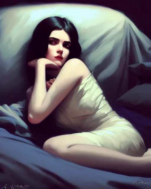 Prompt: stylized portrait by aykutmakut of an artistic pose, composition, young victorian sad fancy lady in bed, cinematic moody colors, realistic shaded, fine details, realistic shaded lighting poster by ilya kuvshinov, magali villeneuve, artgerm, jeremy lipkin and michael garmash and rob rey