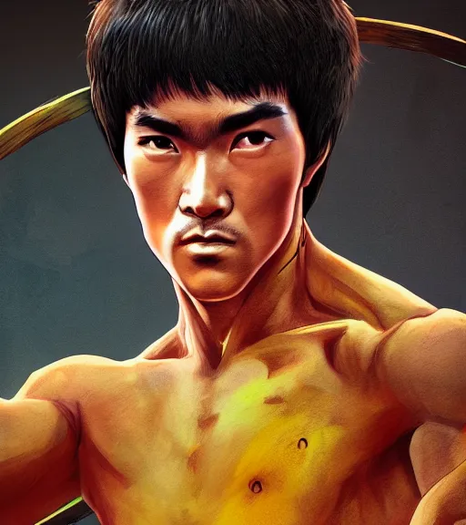 Prompt: an epic fantasy comic book style portrait painting of bruce lee, studio ghibli, no red colour, unreal 5, daz, hyperrealistic, octane render, cosplay, rpg portrait, dynamic lighting, intricate detail, harvest fall vibrancy, cinematic