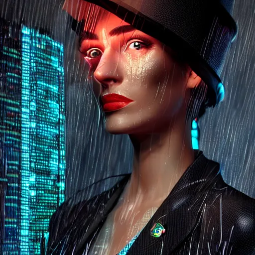 Image similar to stylish woman cartoon portrait made out of rain, pinstripe suit, top hat, cyberpunk background, rendered in octane, unreal engine, highly detailed, trending on artstation, realistic, neon, beautiful