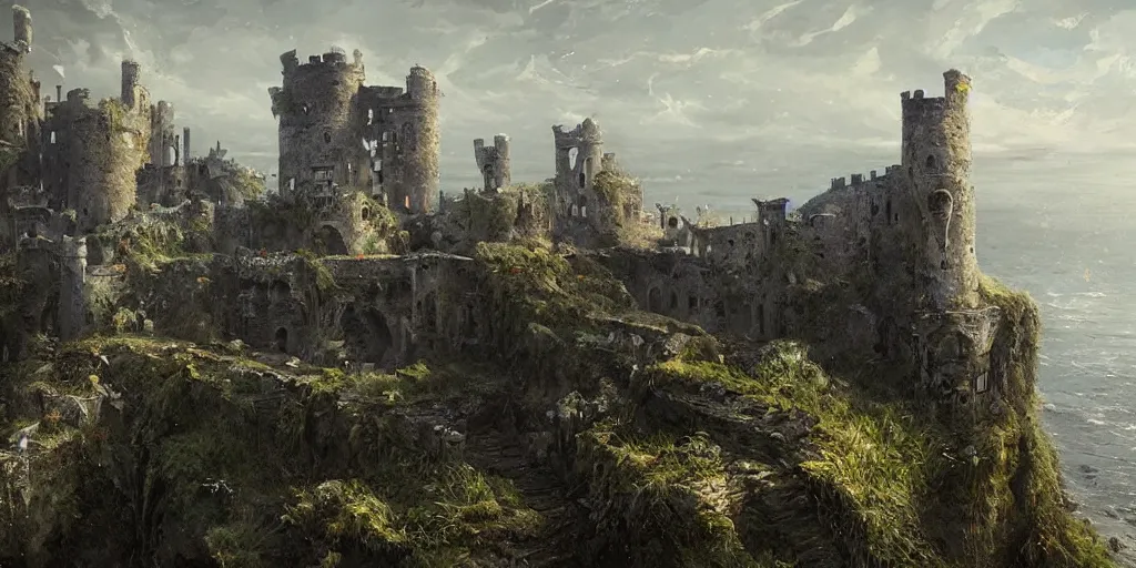 Prompt: a abandoned castle on the edge of a high cliff, greg rutkowski, 8 k, shallow depth of field, intricate detail, concept art,