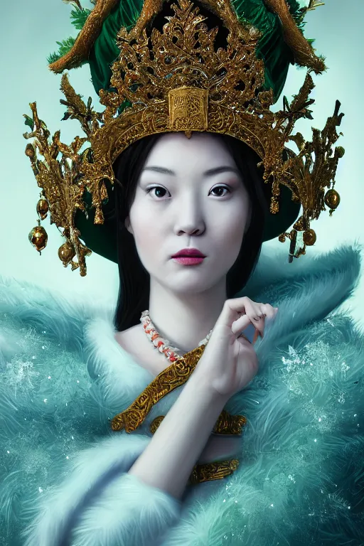 Image similar to a beautiful empress portrait, with a brilliant, impossible striking big Christmas headpiece, clothes Santa robes, everything Christmas, snow, symmetrical, dramatic studio lighting, rococo, baroque, greens, asian, hyperrealism, closeup, D&D, fantasy, intricate, elegant, highly detailed, digital painting, artstation, octane render, 8k, concept art, matte, sharp focus, illustration, art by Artgerm and Greg Rutkowski and Alphonse Mucha