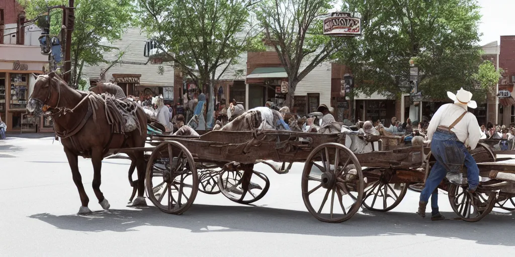 Image similar to huge cowboy pushing a wagon on a busy old west Main Street in the style of Fredrick Remington