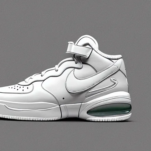 Prompt: all white, 3 d airforce 1 product photo with leather embellishments, distorted nike tick, 3 d bubbles from raf simons ozweego, product render, design sample, octane render, high definition, sneaker photography, photorealistic