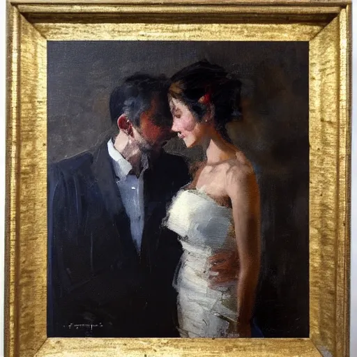 Prompt: spontaneous unfinished romantic portrait, beautiful juicy brush strokes, by Richard schmid and Sargent, low key lighting, black and gold, trending on cgsociety, expressionism, linen canvas