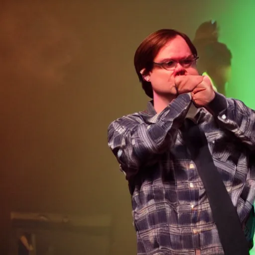 Image similar to Dwight schrute on stage at a hip hop concert throwing beets at the crowd