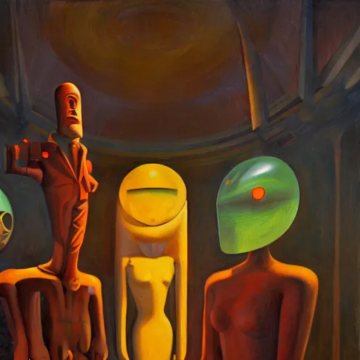 Image similar to three brutalist robotic idols with glowing eyes, inside a dome, pj crook, grant wood, edward hopper, syd mead, chiaroscuro, oil on canvas