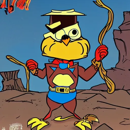 Prompt: cartoon owl dressed as the lone ranger from the children's 1990s cartoon show in the style of Garfield and friends