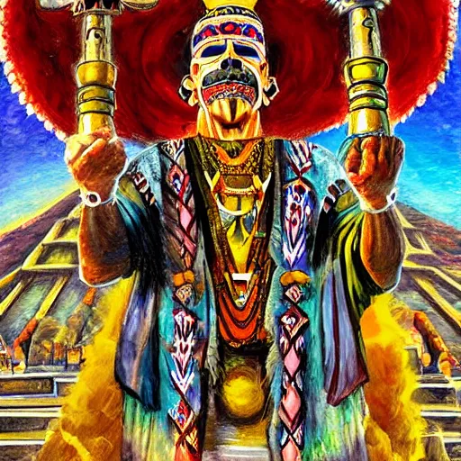 Image similar to DMT Aztec Priest performing a ritual at the top of a Aztec temple. Artwork by Afremov, Leonid