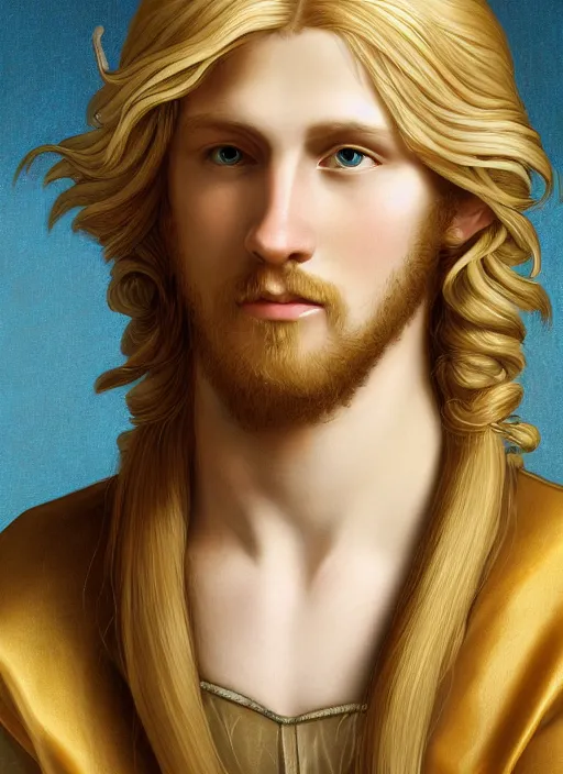 Prompt: portrait of a blond handsome man with long hair in renaissance style, anime inspired, High Res 8K,hyperdetailed