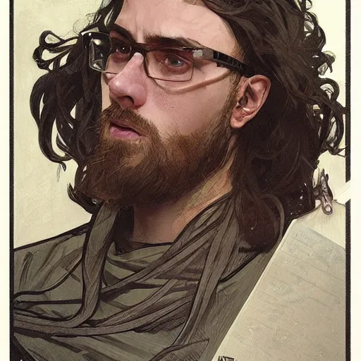 Prompt: portrait of depressed gigachad, ugly, nerds, hair looks like a helmet, straight stiff dry damaged hair, male, glasses, medium hair, oval face, olive skin color, D&D, concept art, art by Greg Rutkowski and Alphonse Mucha