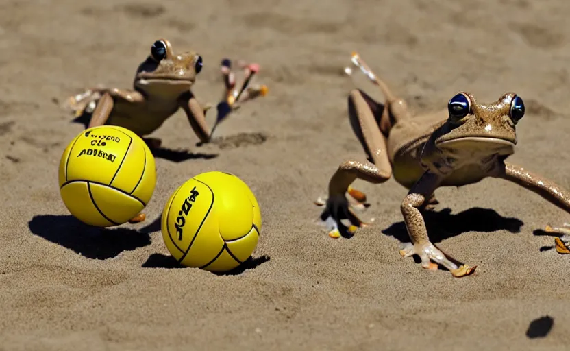 Image similar to frogs playing beach volleyball tornado, highly detailed, extremely high quality, hd, 4 k, 8 k, professional photographer, 4 0 mp, lifelike, top - rated, award winning, cinematic, realistic, detailed lighting, detailed shadows, sharp, no blur, edited, corrected, trending