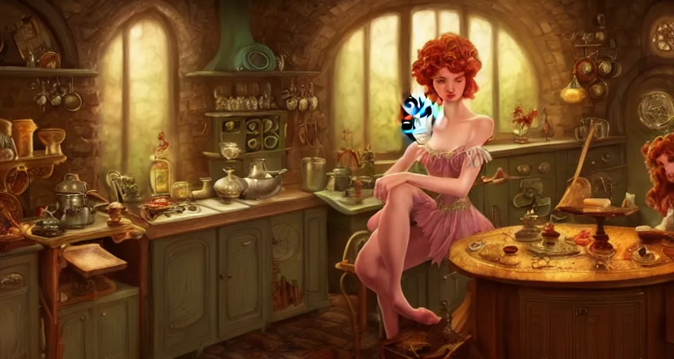 Image similar to a close - up of a fairy in a vintage magical kitchen, with a fireplace in the background d & d, fantasy, intricate, elegant, highly detailed, digital painting, artstation, concept art, smooth, sharp focus, illustration