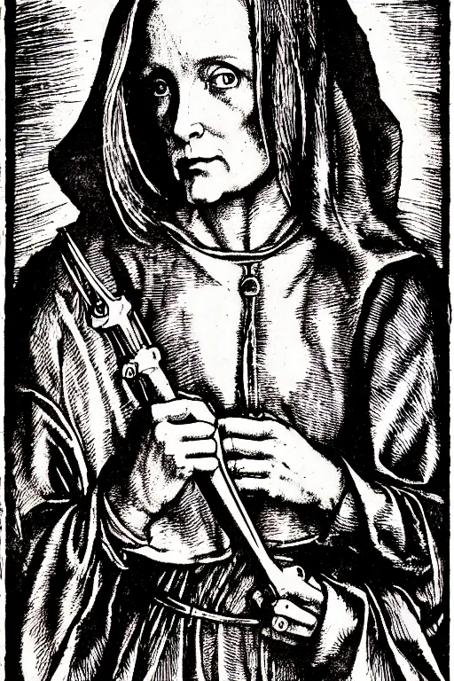 Image similar to dana scully of the apocalypse, pen and ink illustration / renaissance woodcut by albrecht durer 1 4 9 6, 1 2 0 0 dpi scan, ultrasharp detail, hq scan, intricate details, stylized border