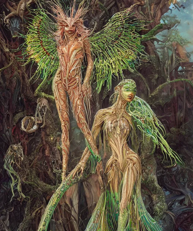 Prompt: a portrait photograph of zendaya as a strong alien harpy queen with amphibian skin. she is dressed in a colorful slimy organic membrane catsuit and transforming into an bird with an armored exoskeleton. by donato giancola, walton ford, ernst haeckel, peter mohrbacher, hr giger. 8 k, cgsociety, fashion editorial