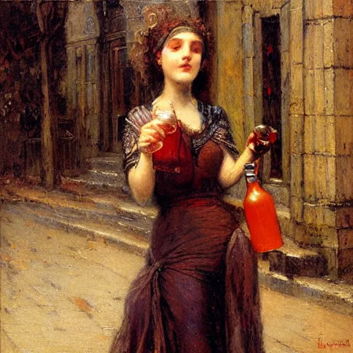 Prompt: intricate, lonely tired young woman man holding wine bottle drunk in the street, detailed, by gaston bussiere, h. r. giger, masterpiece, sharp focus,