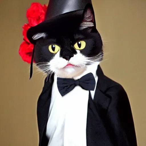 Image similar to a tuxedo cat dressed up as queen elizabeth