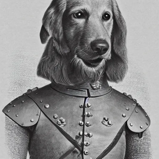 Prompt: portrait of a golden retriever wearing sunglasses over his eyes and armour in victorian london, witha sword on his side, 8 k