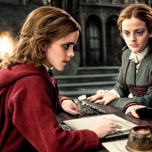Image similar to Photo of Emma Watson as Hermione Granger using a computer next to Professor McGonagall in Hogwarts
