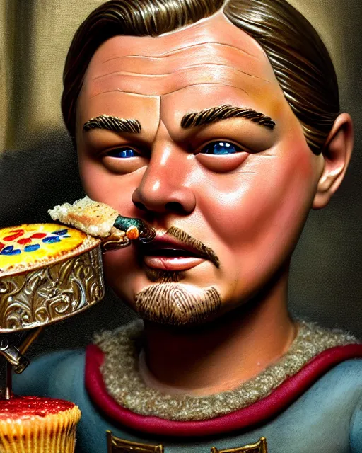 Image similar to highly detailed closeup, face profile portrait of a tin toy leonardo dicaprio as a medieval goblin eating cakes in a castle, hyper realistic, artstation, illustration, nicoletta ceccoli, mark ryden, lostfish, dan decarlo, bob clampett, max fleischer, digital paint, matte paint, vivid colors, detailed and intricate environment