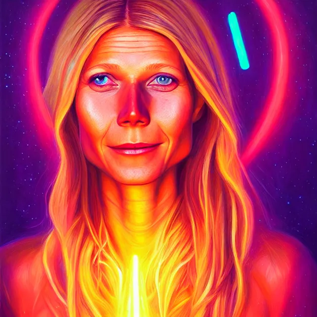 Prompt: portrait of gwyneth paltrow by mandy jurgens, cartoon, oil painting, visionary art, magic symbols, holy halo, neon ambient lighting, high detail, vibrant colors,