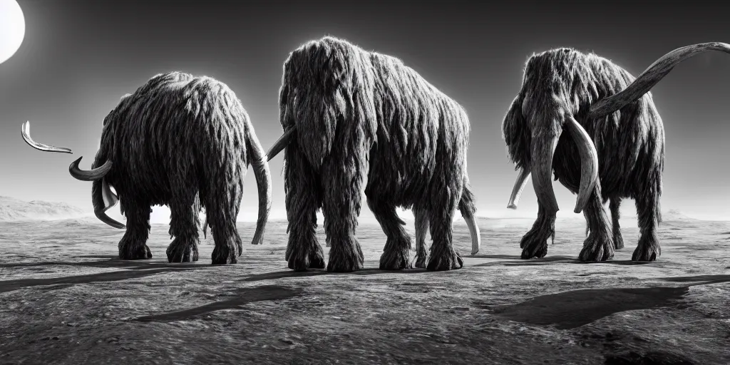 Image similar to a cyborg-mammoth standing in the middle of a milk lake on the Moon,Highly Detailed, Cinematic Lighting, rim light, hyper real, black and white, photo-realistic Unreal Engine, 8K