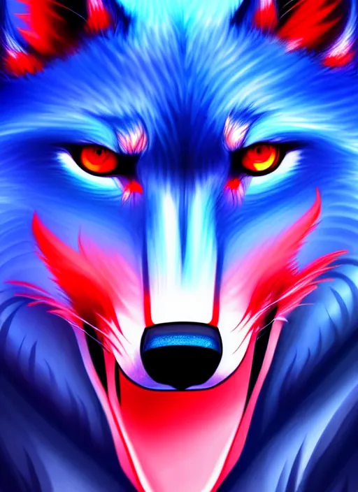 Image similar to blue wolf, red eyes highly detailed, deep focus, digital painting, smooth, sharp focus, anime art style, trending on artstation, 4 k