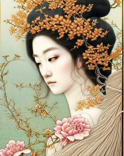 Prompt: portrait of a beautiful goddess of nature, graceful beauty, esoteric, ornamental, nature and floral aesthetics, muted colors, head in focus, intricate, elegant, highly detailed, artstation, artistic, concept art, hasselbrad photography, sharp focus, art style by chie yoshii