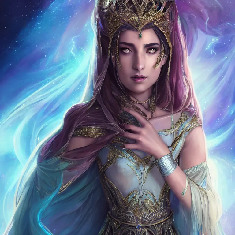 Image similar to beautiful cinematic fantasy poster, a beautiful middle-eastern princess wearing a beautiful dress with flowing illuminated hair, beautiful glowing galaxy eyes, wideshot ultrawide angle epic scale, hybrid from The Elden Ring and art direction by Darius Zawadzki ;by artgerm; wayne reynolds art station; cinematic quality character render; low angle; ultra high quality model; production quality cinema model;