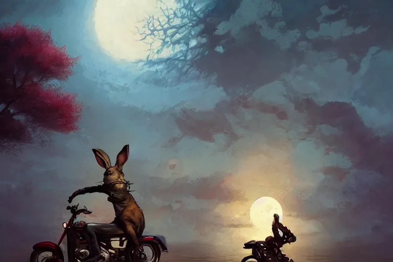 Image similar to bunny wearing a leather jacket riding a motorbike during sakura season on a blood moon, by peter mohrbacher, james jean, wlop, greg rutkowski, rule of thirds, beautiful landscape
