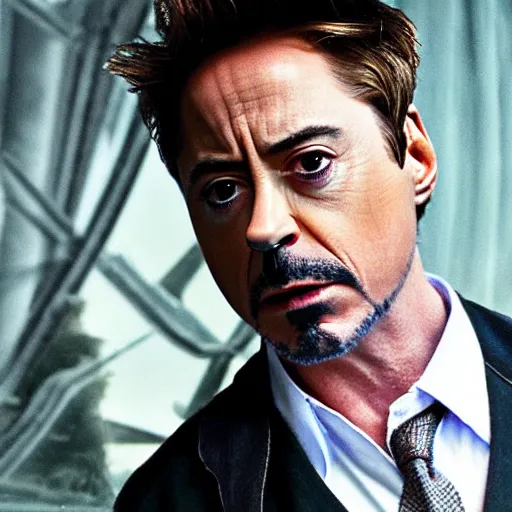 Prompt: robert downey jr with his head in a fish bowl, cinematic still