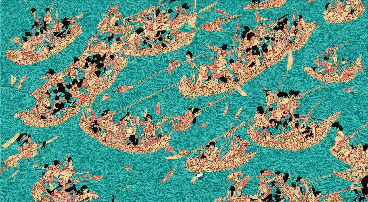 Prompt: chinese genre painting of dragon boat festival by victo ngai.