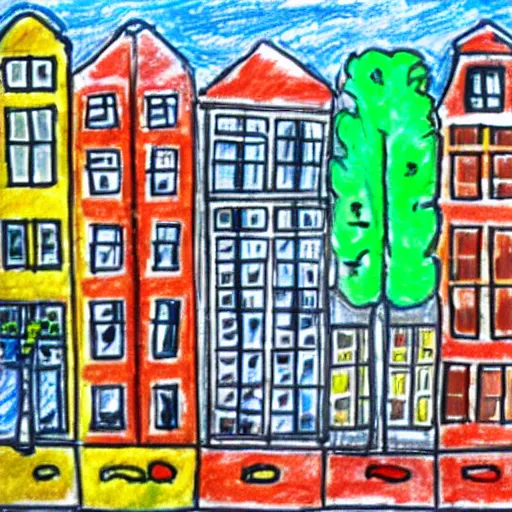 Prompt: kids drawing of amsterdam canal houses