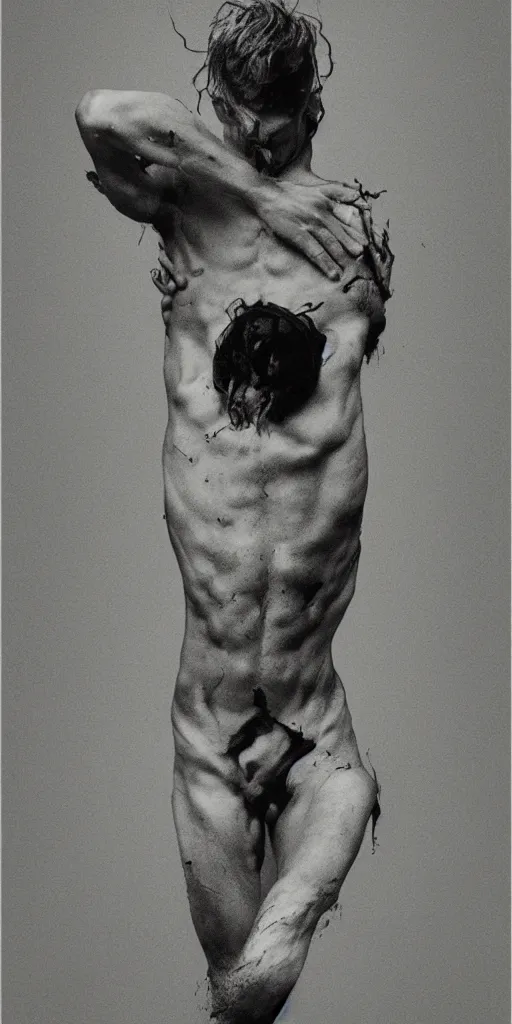 Image similar to a man slipping into madness, human body, detailed, in the style of jesse draxler.