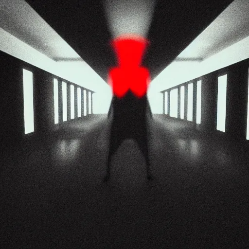 Image similar to cctv of an extremely dark empty room with glowing humanoid cryptid monster made out of static, dark deep black shadows, red and black color contrast in the style of trevor henderson and james ensor goya, liminal space, 3 d octane render, glitch effect