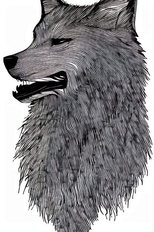 Prompt: Psychotic crisis portrait of a wolf head. pen sketch on white paper, simple black lines, lineart