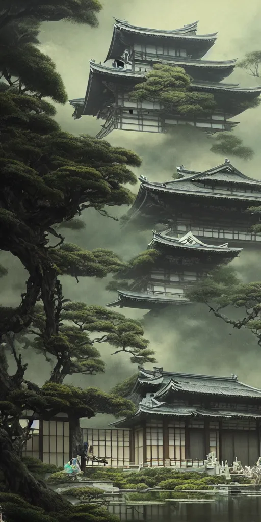 Image similar to japanese style palace under attack, hyper realistic, lush gnarly plants, 8 k, denoised, by greg rutkowski, tom bagshaw, james gurney cozy atmospheric and cinematic lightingg