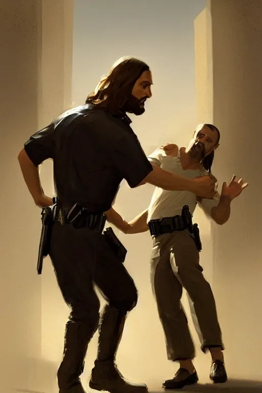 Image similar to jesus christ arresting a police officer, style of greg rutkowski