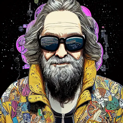 Prompt: hyper detailed comic illustration of a cyberpunk old man with long white hair and a beard, futuristic sunglasses and a gorpcore jacket, markings on his face, by Josan Gonzalez and Geof Darrow, intricate details, vibrant, solid background, low angle fish eye lens