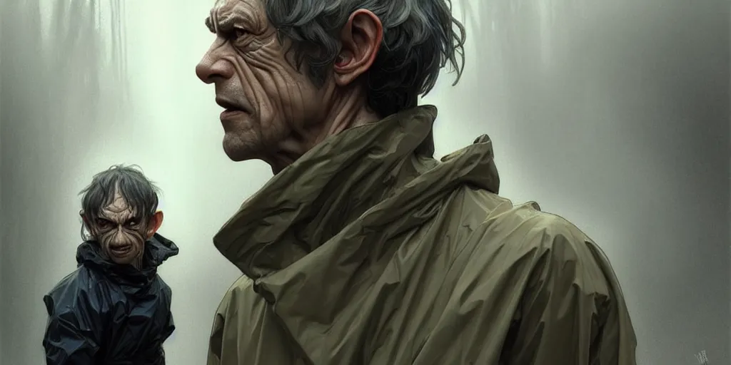 Image similar to ( ( ( ( gollum ) ) ) ) dressed in raincoat, male, clear face, masculine, upper body, highly detailed, digital painting, artstation, concept art, matte, sharp focus, illustration, art by artgerm and greg rutkowski and alphonse mucha