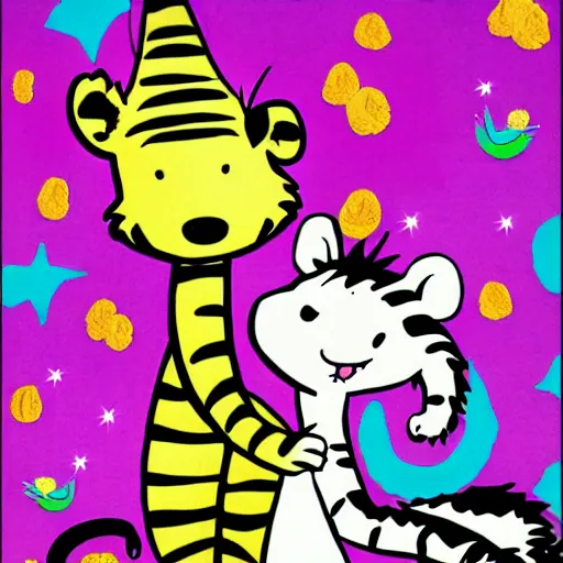 Image similar to calvin and hobbes, lisa frank style
