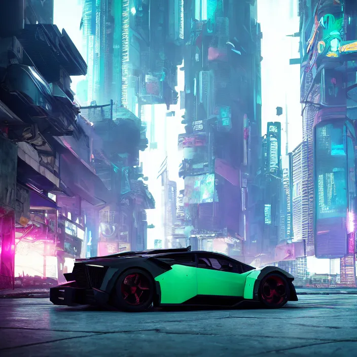 Prompt: cyberpunk car lamborgini counatch on the background of drak dirty style cyberpunk city. by nicholas hiatt. extreamly detailed, 8 k, octane render, hyperrealism, perfect composition, artstation, rendered in rtx, ssao, fxaa, unreal engine