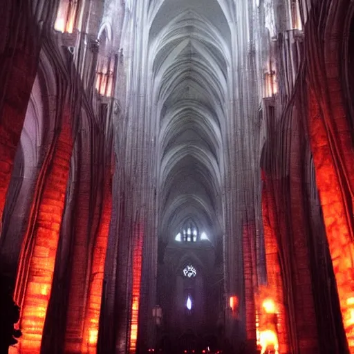 Image similar to A dark cathedral made up of red sandstone lit up by a torches. In the middle of the cathedral is a bonfire surrounded by cultists in red hoods. Their backs facing towards the camera. Dream like.