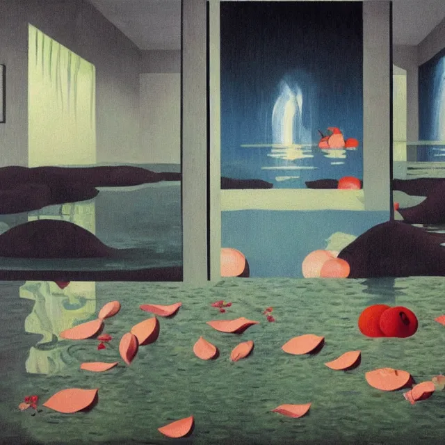 Prompt: painting of flood waters inside an apartment, tall female emo art student, a river flooding indoors, pomegranates, pigs, ikebana, water, river, rapids, waterfall, black swans, canoe, berries dripping, acrylic on canvas, surrealist, by magritte and monet