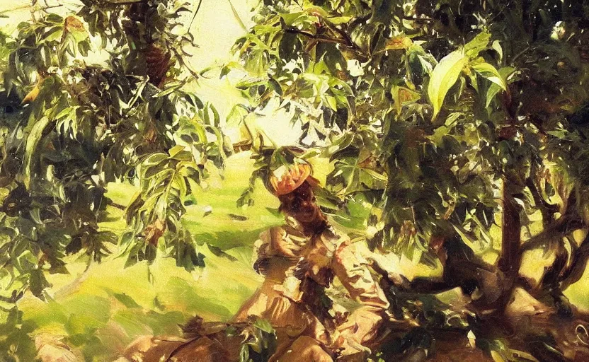 Image similar to oil painting lanscape by anders zorn, nature, fruit trees, very very very very beautiful art, dramatic light, complex robitics closeup, motorized robot