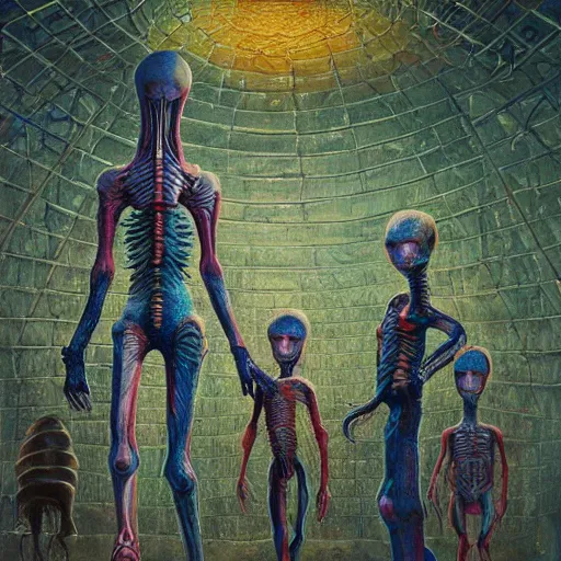 Image similar to painting of an alien family, intercrossed humans, mixed animal, in a mayen temple, by giger, zdzislaw beksinski, frank frazette, cold hue's, amazing colorful background, digital art, concept art, animal painting, trending on art station, beautiful composition 3 - d 4 k,