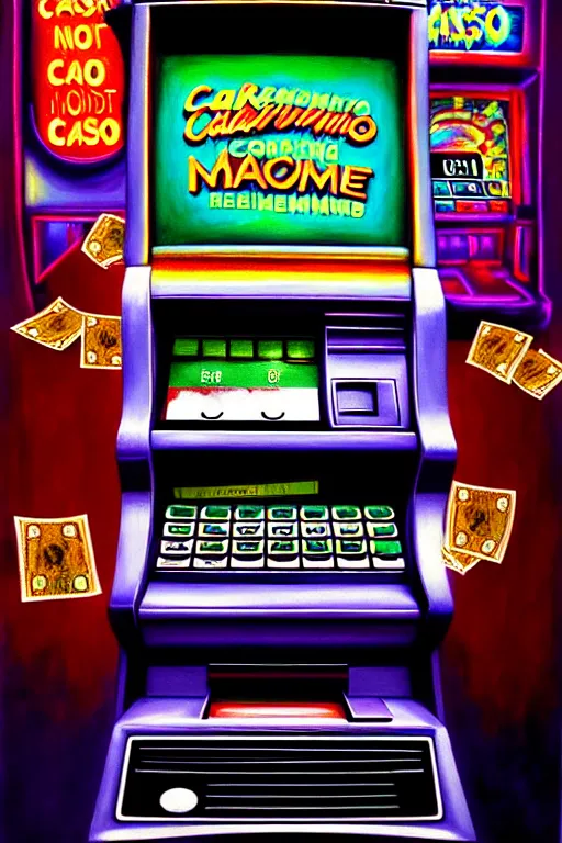 Image similar to a hyperrealistic painting of a nightmare at the casino broken atm machines spewing money, riots, colorful light slot machines, cinematic horror by chris cunningham, lisa frank, richard corben, highly detailed, vivid color,