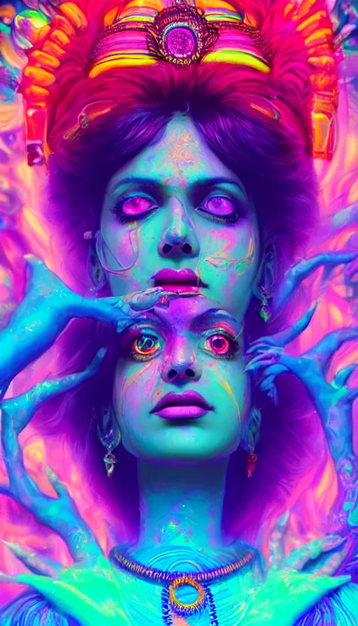 Image similar to a beautiful indian goddess engulfed in colorful liquid smoke and neon clouds, a colorful psychedelic experience, dmt, lsd, face, highly detailed, artstation, concept art, matte, sharp focus, illustration, digital art by hana yata, and artem demura and beeple, octane render, unreal engine, 8 k