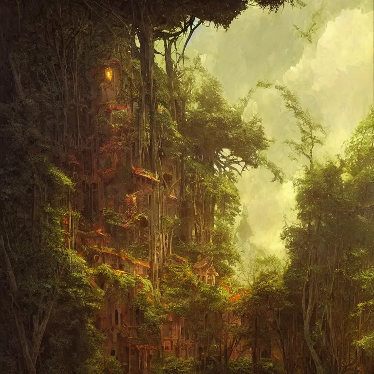 Image similar to a detailed painting inspired by moebius and beksinski of a medieval building with two floors in the forest. fantasy poster. cinematic fantasy scene. aurora lighting. fantasy. carl spitzweg. baroque elements. baroque element. intricate artwork by caravaggio. oil painting. award winning. dramatic. trending on artstation. 8 k